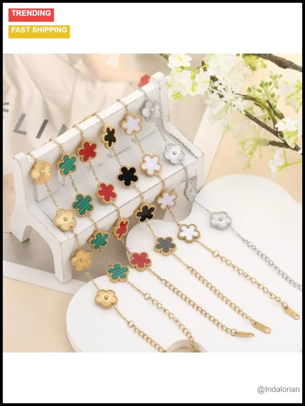 Four Leaf Clover Bracelet 18K Gold Plated Stainless Steel Lucky Link Bracelet